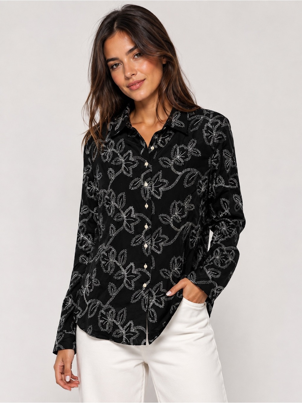 Mino Black Long-Sleeve Button-Up Blouse with White Floral Print